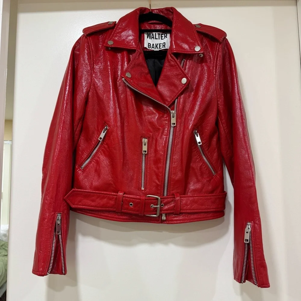 Walter Baker $748 100% Lamb Leather Jacket Moto Red Size Small Like New - Picture 3 of 13
